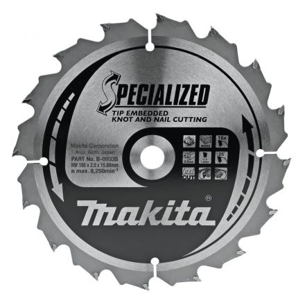 Makita  B-09335 Specialized Körfűrésztárcsa keményfémlapkás 185x15,88mm 16fogas CSOMÓSFA/SZÖG