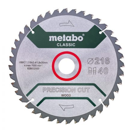 Metabo  628652000 Fűrészlap "precision cut wood - classic", 216x30 Z40 WZ 5°neg /B