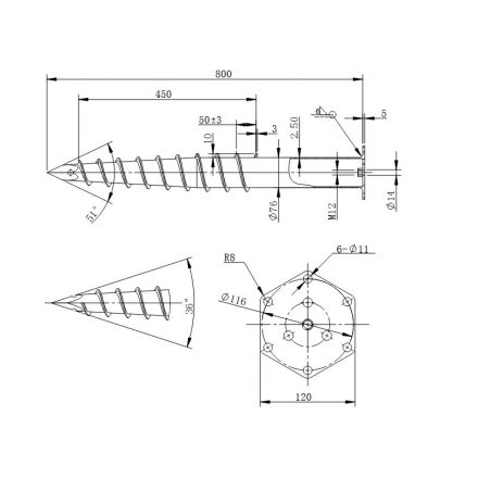 DRT M 76X800x2,5xM12 Talajcsavar