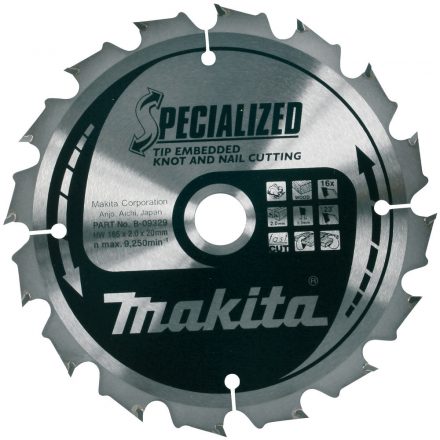 Makita  B-09329 Specialized Körfűrésztárcsa keményfémlapkás 165x20mm 16fogas CSOMÓSFA/SZÖG