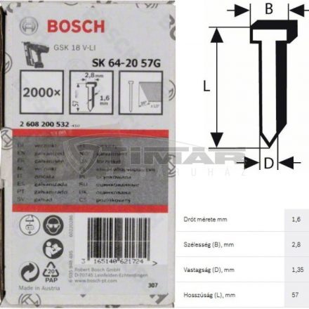 Bosch 2608200532 Süllyesztett fejű szeg SK64-20 57mm horganyzott 2000db ( GHN18V-64)