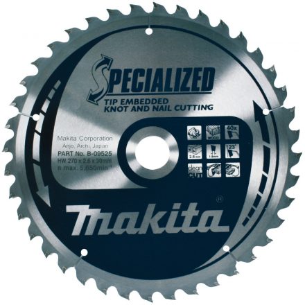 Makita  B-09525 Specialized Körfűrésztárcsa keményfémlapkás 270x30mm 40fogas CSOMÓSFA/SZÖG