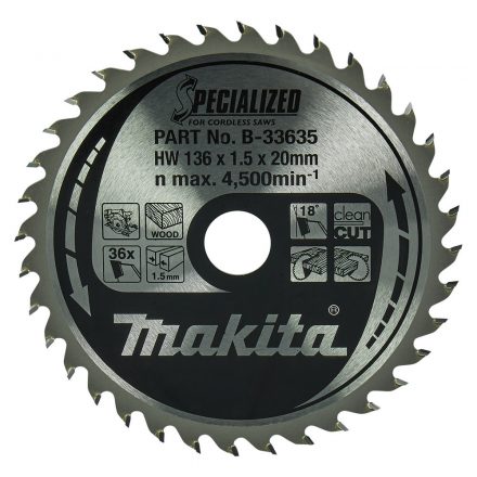 Makita  B-33635 Körfűrésztárcsa akkus 136x20 Z36 FA