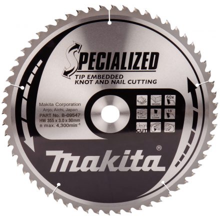 Makita  B-09547 Specialized Körfűrésztárcsa keményfémlapkás 355x30mm 60fogas CSOMÓSFA/SZÖG